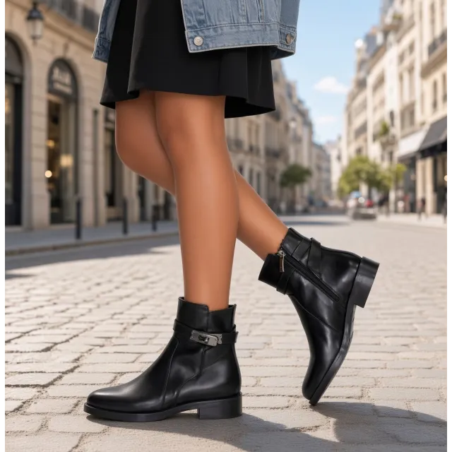 Bottines cuir noir lanière fermoir  - Bottines femme artisanales