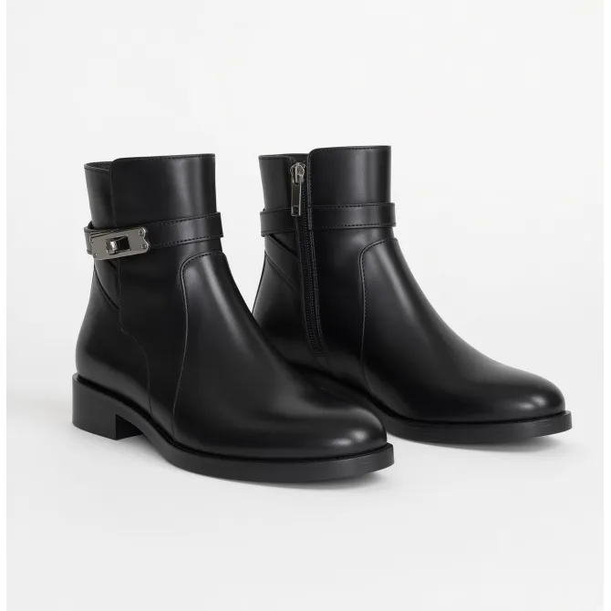 Bottines cuir noir lanière fermoir  - Bottines femme artisanales