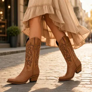 Santiags cuir et serpent cognac femme - Bottes santiag et country