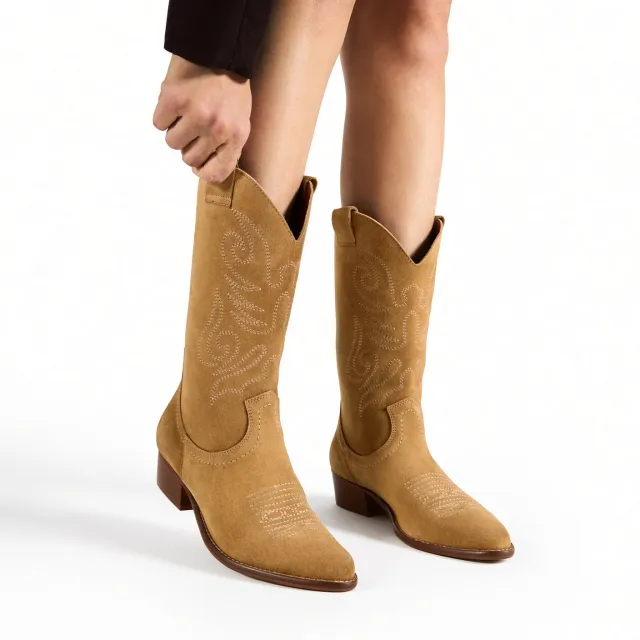 Bottes cowboy daim beige femme - Santiags et bottes cowboy