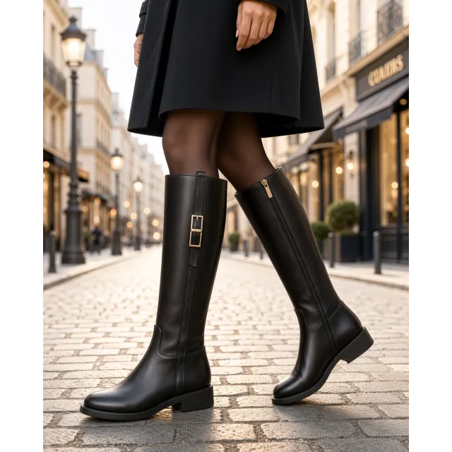 Bottes Femme Cuir Noir Plates -Fabrication Italienne - L’Atelier de la Botte