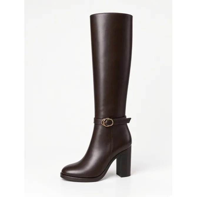 Bottes Femme Cuir Marron à Talon et Boucle Dorée - L’Atelier de la Botte