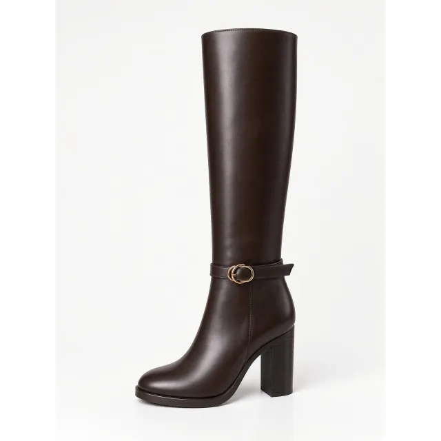 Bottes Femme Cuir Marron à Talon et Boucle Dorée - L’Atelier de la Botte