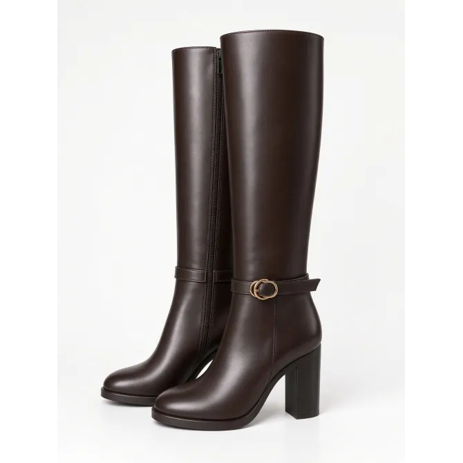 Bottes Femme Cuir Marron à Talon et Boucle Dorée - L’Atelier de la Botte