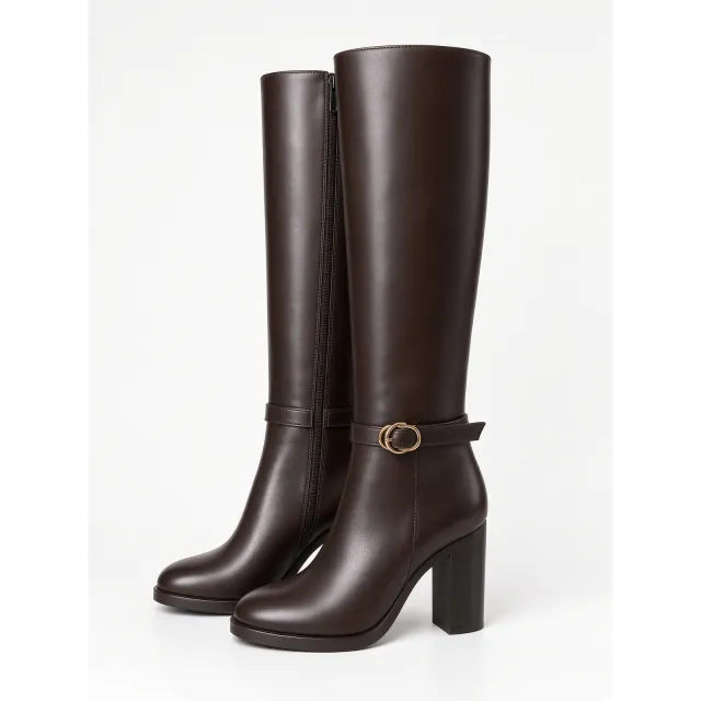 Bottes Femme Cuir Marron à Talon et Boucle Dorée - L’Atelier de la Botte