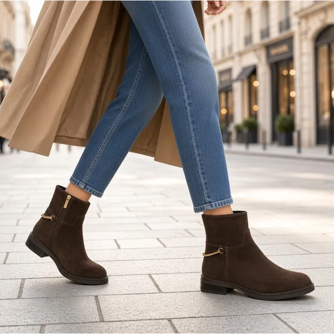 Bottines femme daim marron boucle arrière  - Bottines femme artisanales