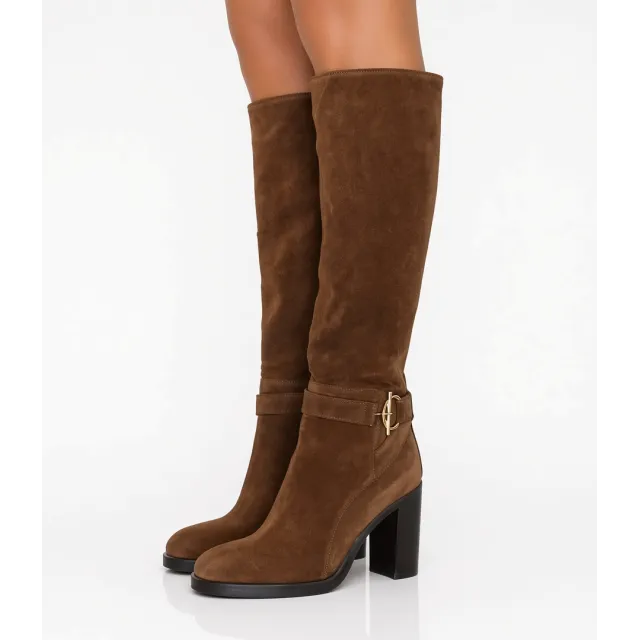Bottes Femme Daim Marron à Talon Mors Doré - L’Atelier de la Botte