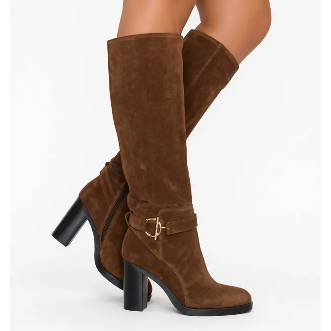 Bottes Femme Daim Marron à Talon Mors Doré - L’Atelier de la Botte