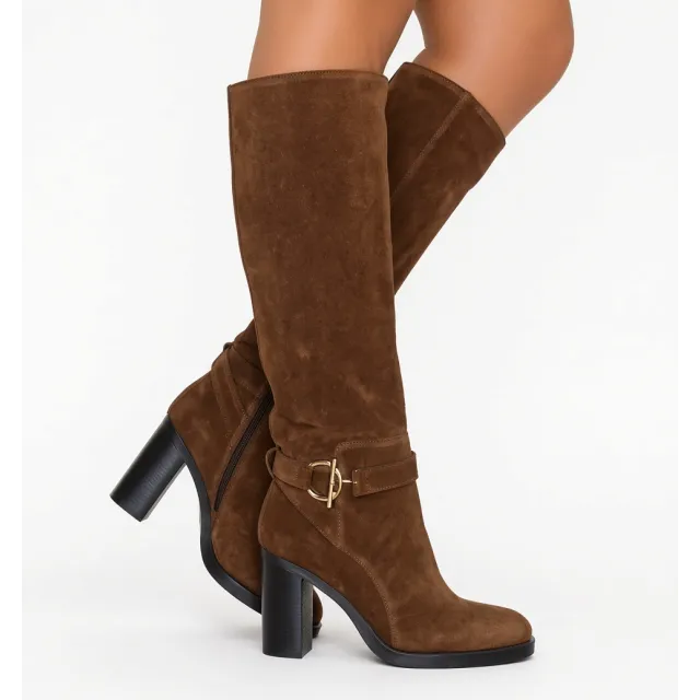 Bottes Femme Daim Marron à Talon Mors Doré - L’Atelier de la Botte