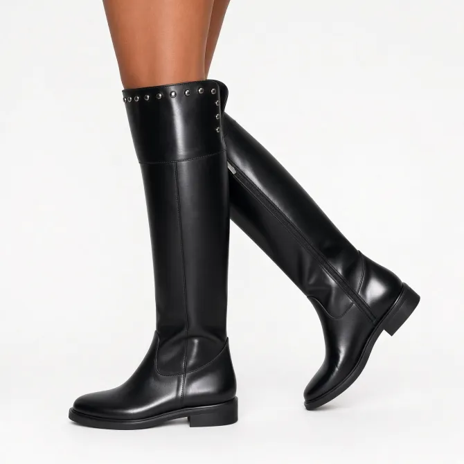 Bottes Hautes Femme Cuir Noir Plates à Studs - Made in Italie - L’Atelier de la Botte