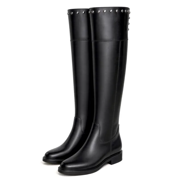 Bottes Hautes Femme Cuir Noir Plates à Studs - Made in Italie - L’Atelier de la Botte