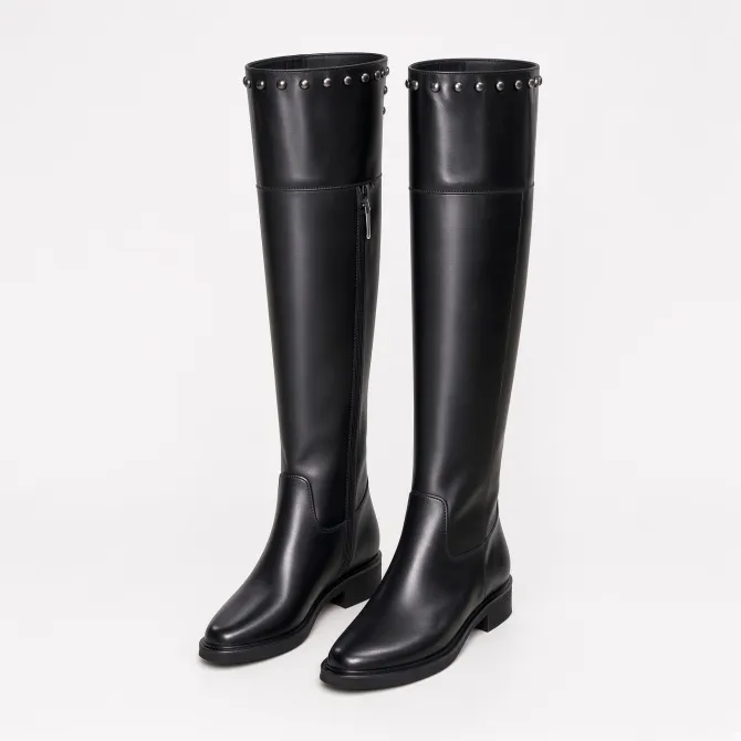 Bottes Hautes Femme Cuir Noir Plates à Studs - Made in Italie - L’Atelier de la Botte