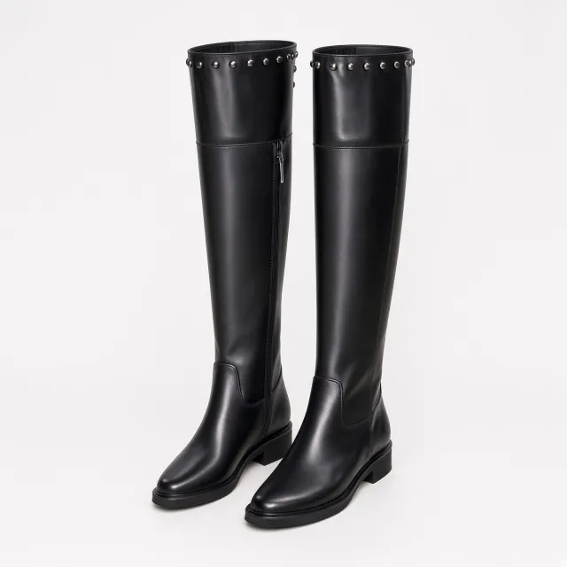 Bottes Hautes Femme Cuir Noir Plates à Studs - Made in Italie - L’Atelier de la Botte