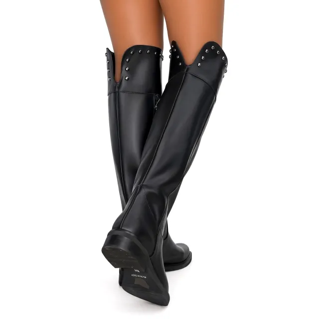 Bottes Hautes Femme Cuir Noir Plates à Studs - Made in Italie - L’Atelier de la Botte