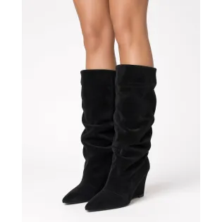 Bottes plissées daim noir talon compensé
