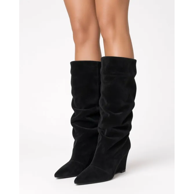 Bottes femme daim noir plissées - Fabrication Italienne - L'atelier de la botte