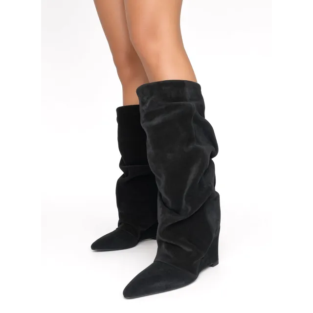 Bottes femme daim noir plissées - Fabrication Italienne - L'atelier de la botte
