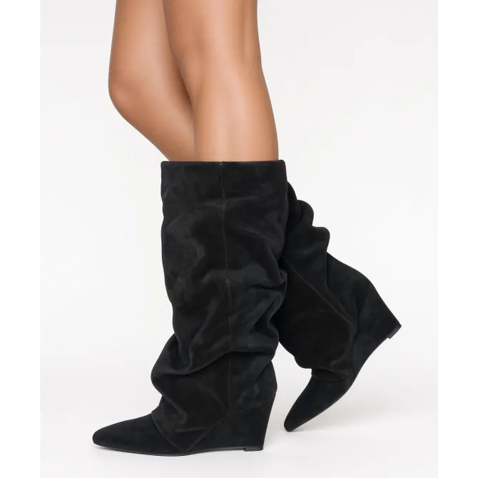 Bottes femme daim noir plissées - Fabrication Italienne - L'atelier de la botte