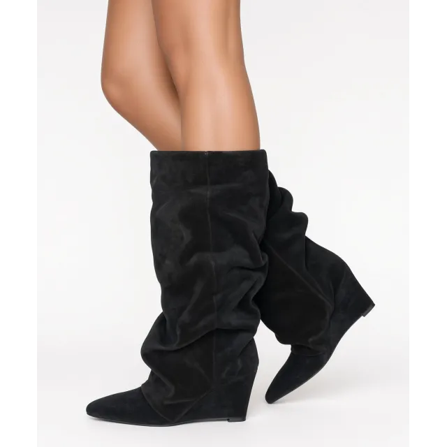 Bottes femme daim noir plissées - Fabrication Italienne - L'atelier de la botte