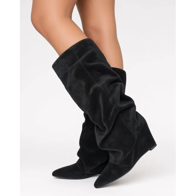Bottes femme daim noir plissées - Fabrication Italienne - L'atelier de la botte