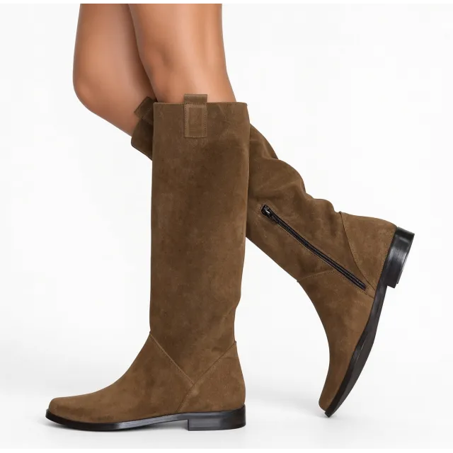 Bottes femme daim beige bout pointu- Bottes cavalières femme
