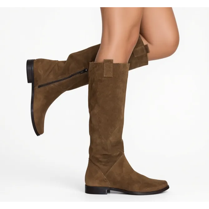 Bottes femme daim beige bout pointu- Bottes cavalières femme