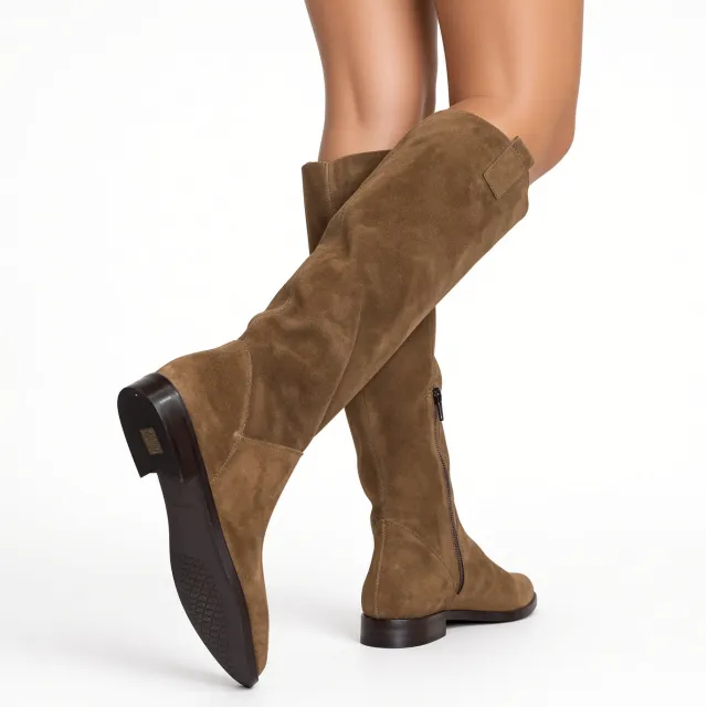 Bottes femme daim beige bout pointu- Bottes cavalières femme