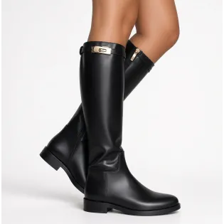 Bottes cuir noir à lanière et fermoir acier - Bottes cavalières femme