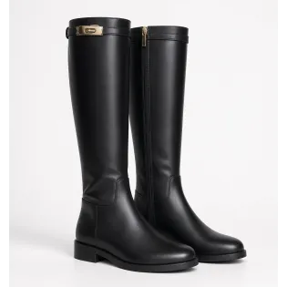 Bottes cuir noir à lanière et fermoir acier - Bottes cavalières femme