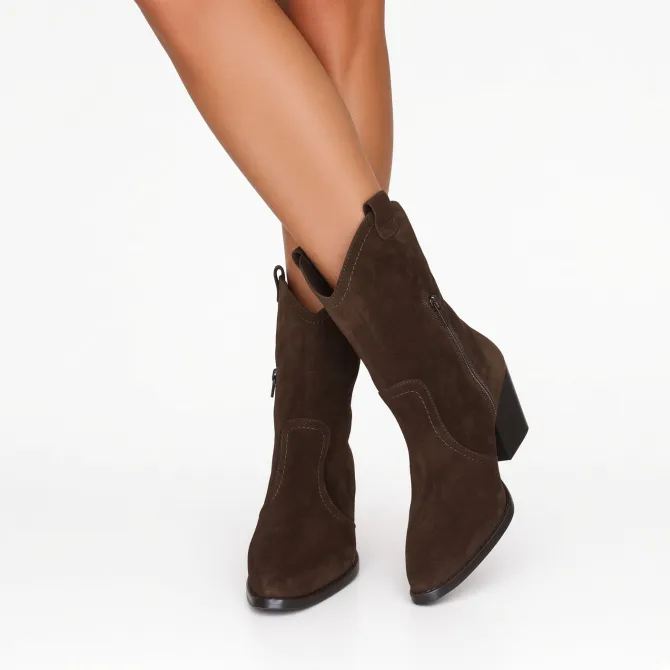 Bottines cowboy femme daim marron - Boots artisanales femme