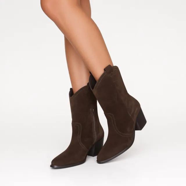 Bottines cowboy femme daim marron - Boots artisanales femme