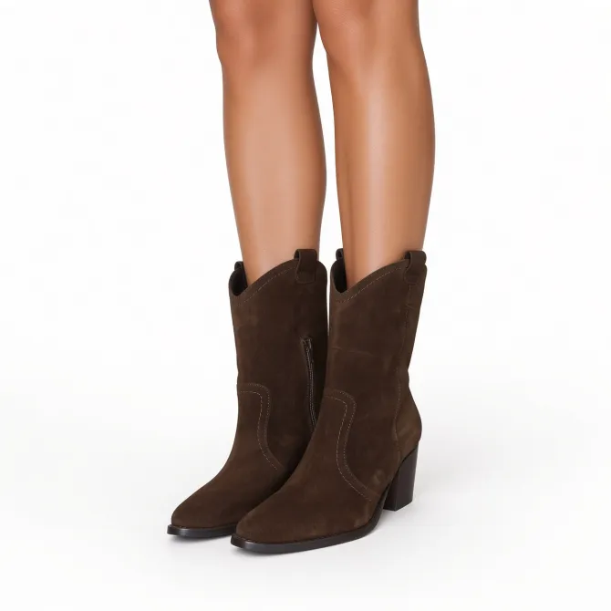 Bottines cowboy femme daim marron - Boots artisanales femme