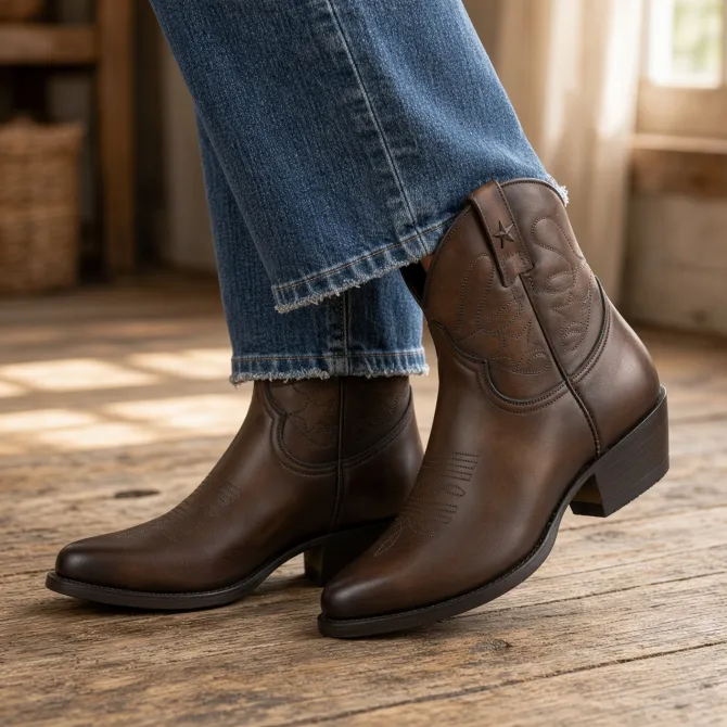 Bottines santiag femme cuir marron - Boots cowboy artisanales