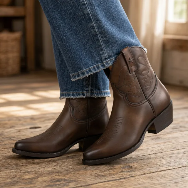 Bottines santiag femme cuir marron - Boots cowboy artisanales