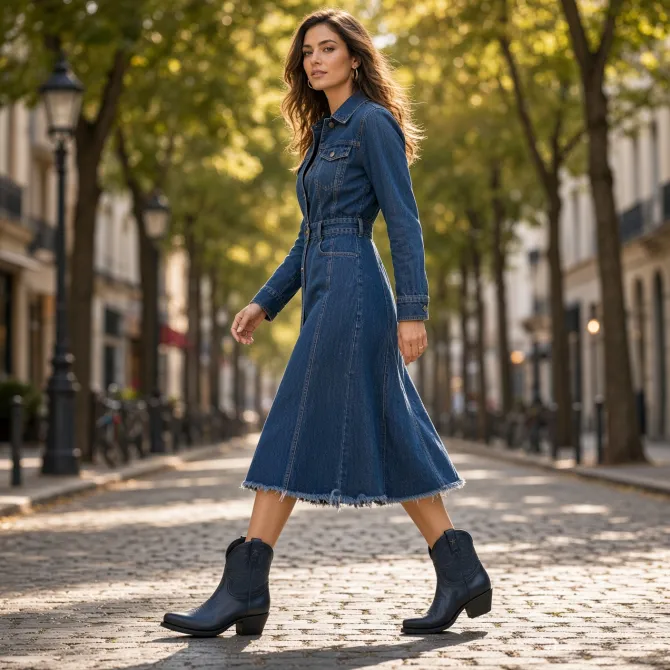 Boots cowboy femme bleu marine en cuir - Bottines santiags artisanales