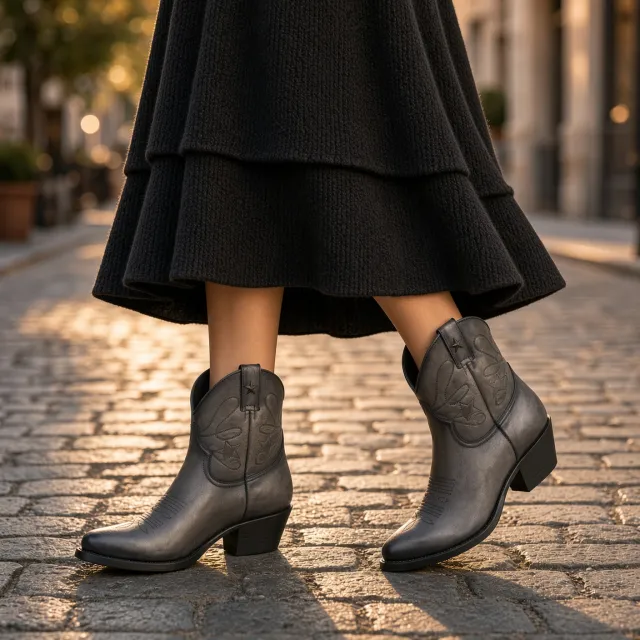 Boots cowboy femme grises en cuir - Bottines santiags artisanales