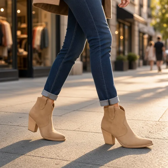 Bottines cowboy daim beige talon - Boots cowboy femme artisanales