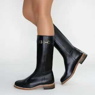 Bottes femme cuir noir plates mors doré