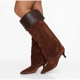 Bottes femme daim cognac à revers cuir - Fabrication artisanale italienne