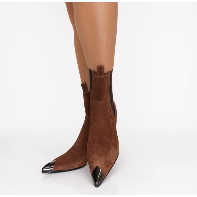 Bottines femme daim cognac bout acier - Fabrication italienne artisanale