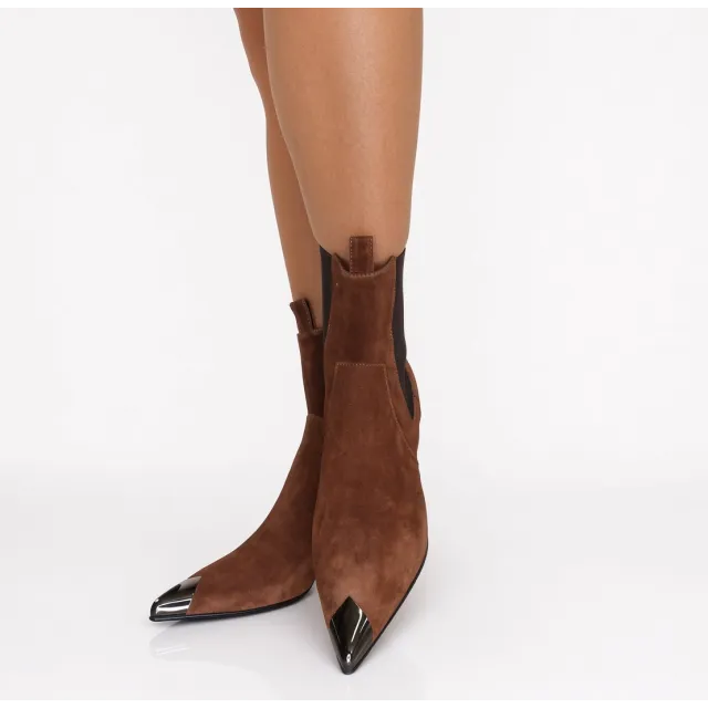 Bottines femme daim cognac bout acier - Fabrication italienne artisanale