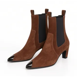 Bottines femme daim cognac bout acier - Fabrication italienne artisanale