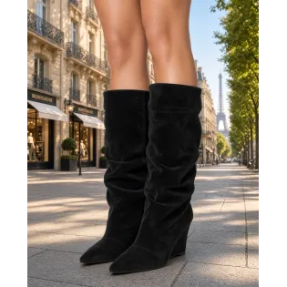 Bottes femme daim noir plissées - Fabrication Italienne - L'atelier de la botte