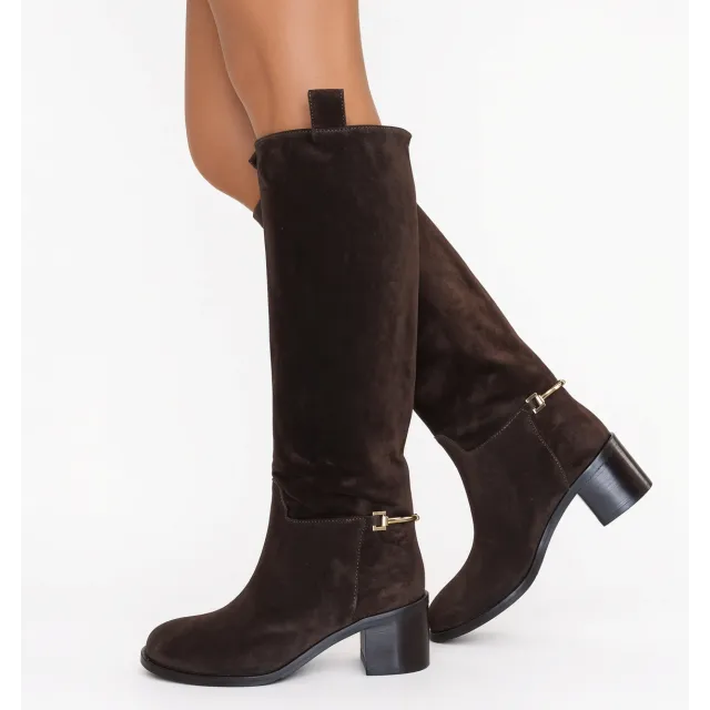 Bottes daim marron femme - Bottes artisanales Talon carré 6 cm