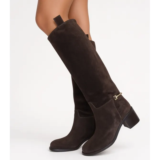 Bottes daim marron femme - Bottes artisanales Talon carré 6 cm