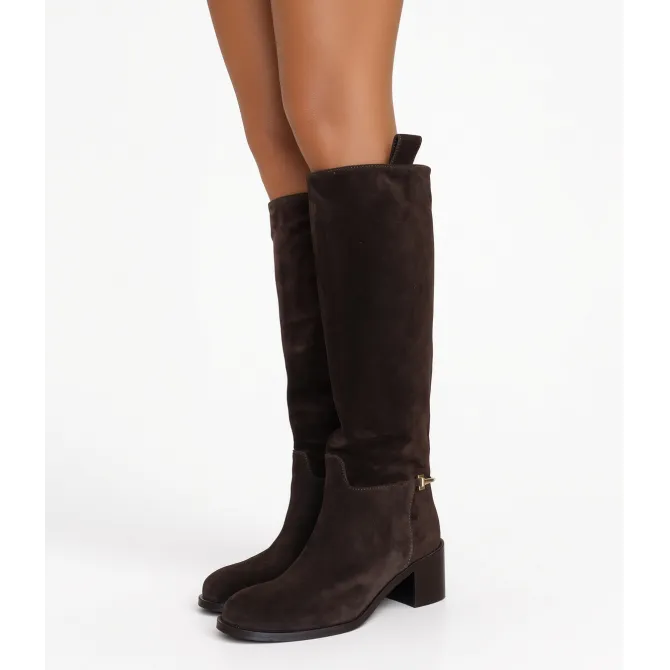 Bottes daim marron femme - Bottes artisanales Talon carré 6 cm