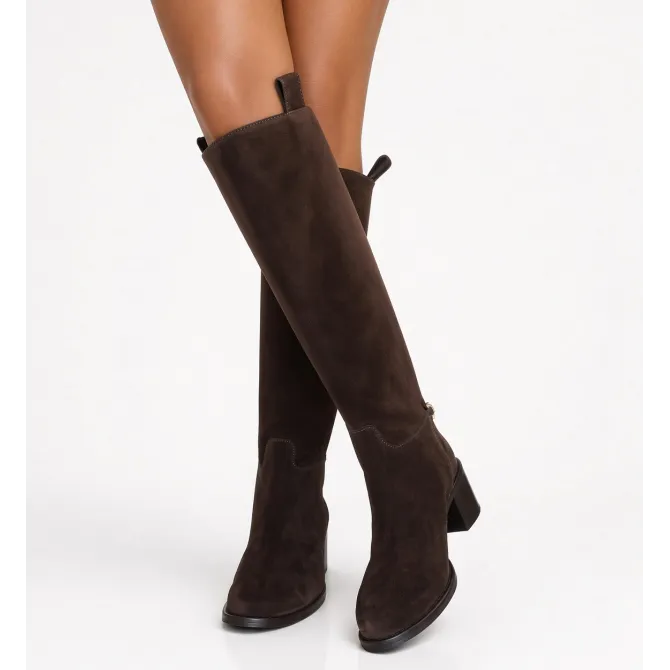 Bottes daim marron femme - Bottes artisanales Talon carré 6 cm