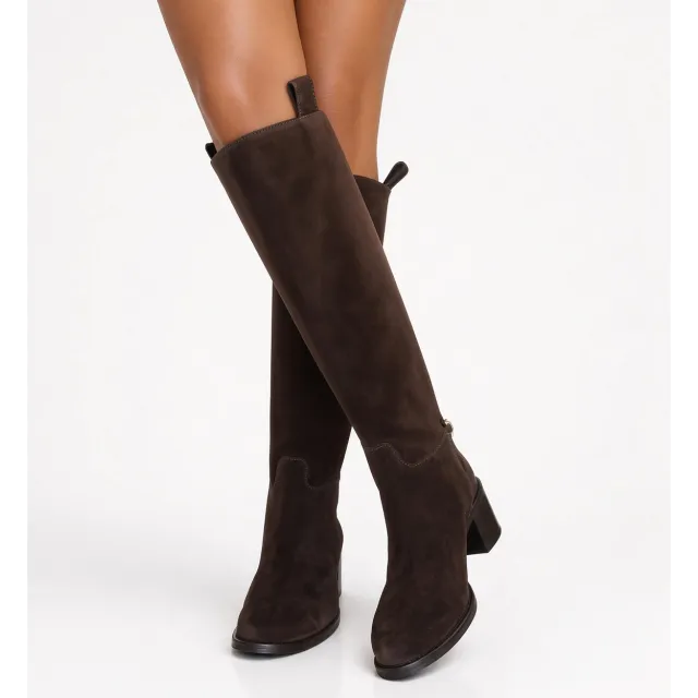 Bottes daim marron femme - Bottes artisanales Talon carré 6 cm