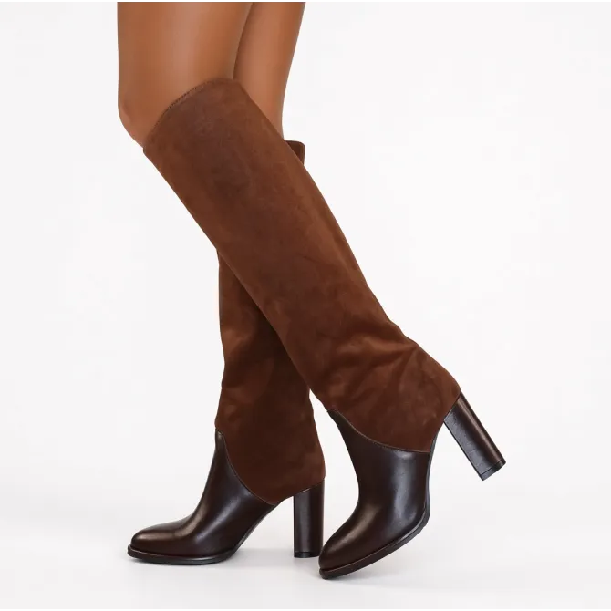 Bottes femme marron daim et cuir bicolores - Bottes Italiennes artisanales