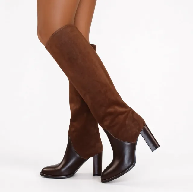 Bottes femme marron daim et cuir bicolores - Bottes Italiennes artisanales